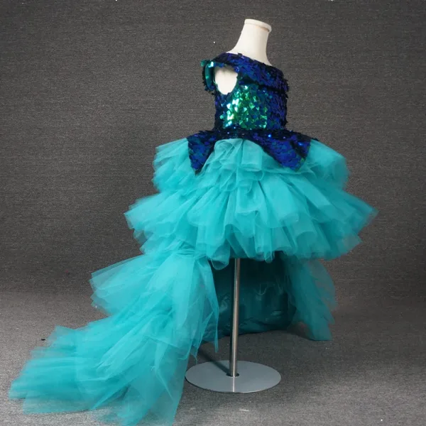 High Low Jade Green Birthday Flower Girl Dresses 2020 Ball Gown Scoop Neck Cap Sleeves Sequins Asymmetrical Cascading Ruffles Wedding Party Dresses