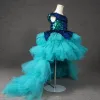 Wysoka Niska  Jade Zielony Urodziny Sukienki Dla Dziewczynek 2020 Suknia Balowa Wycięciem Rękawy z Kapturkiem Cekiny Asymetryczny Kaskadowe Falbany Sukienki Na Wesele
