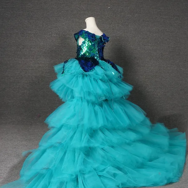 High Low Jade Green Birthday Flower Girl Dresses 2020 Ball Gown Scoop Neck Cap Sleeves Sequins Asymmetrical Cascading Ruffles Wedding Party Dresses