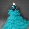Vestido Alto Jade Verde Cumpleaños Vestidos para niñas 2020 Ball Gown Scoop Escote Mangas de la tapa Lentejuelas Asimétrico Volantes En Cascada Vestidos para bodas