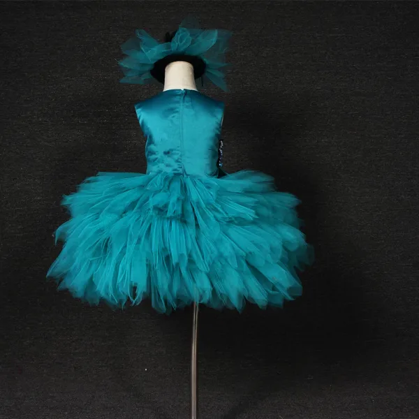 Chic / Beautiful Jade Green Birthday Flower Girl Dresses 2020 Ball Gown Scoop Neck Sleeveless Appliques Sequins Short Cascading Ruffles Wedding Party Dresses