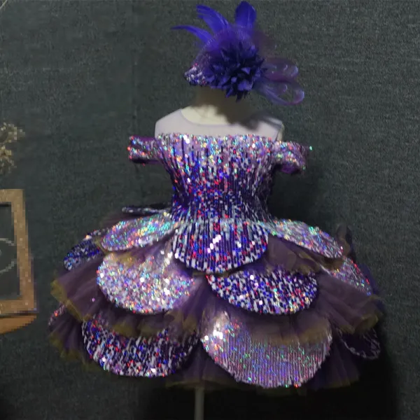Flower Fairy Purple Flower Girl Dresses 2020 Ball Gown See-through Scoop Neck Birthday Short Sleeve Sequins Short Cascading Ruffles Backless Wedding Party Dresses