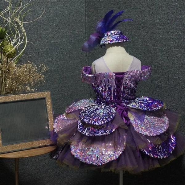 Flower Fairy Purple Flower Girl Dresses 2020 Ball Gown See-through Scoop Neck Birthday Short Sleeve Sequins Short Cascading Ruffles Backless Wedding Party Dresses