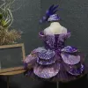 Hada de las flores Morado Vestidos para niñas 2020 Ball Gown Transparentes Scoop Escote Cumpleaños Manga Corta Lentejuelas Cortos Volantes En Cascada Sin Espalda Vestidos para bodas