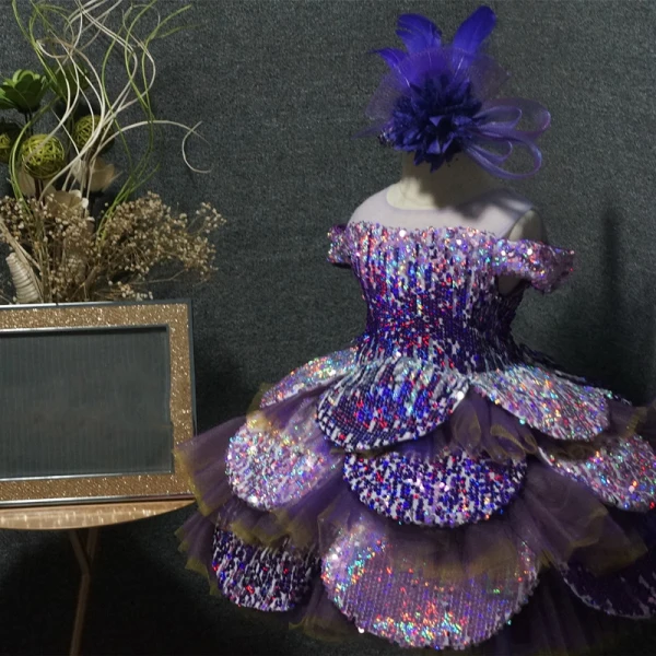 Flower Fairy Purple Flower Girl Dresses 2020 Ball Gown See-through Scoop Neck Birthday Short Sleeve Sequins Short Cascading Ruffles Backless Wedding Party Dresses