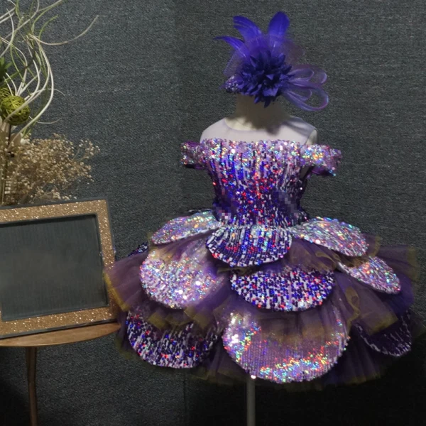 Flower Fairy Purple Flower Girl Dresses 2020 Ball Gown See-through Scoop Neck Birthday Short Sleeve Sequins Short Cascading Ruffles Backless Wedding Party Dresses