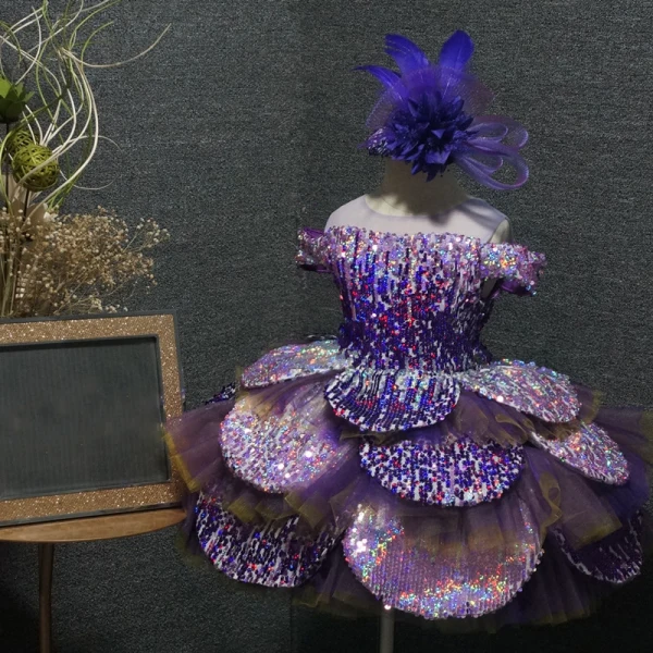 Flower Fairy Purple Flower Girl Dresses 2020 Ball Gown See-through Scoop Neck Birthday Short Sleeve Sequins Short Cascading Ruffles Backless Wedding Party Dresses