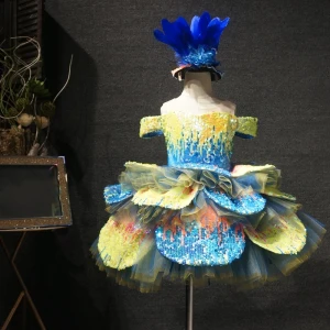 Flower Fairy Yellow Pool Blue Birthday Flower Girl Dresses 2020 Ball Gown See Through Scoop Neck Short Sleeve Sequins Short Cascading Ruffles Wedding Party Dresses