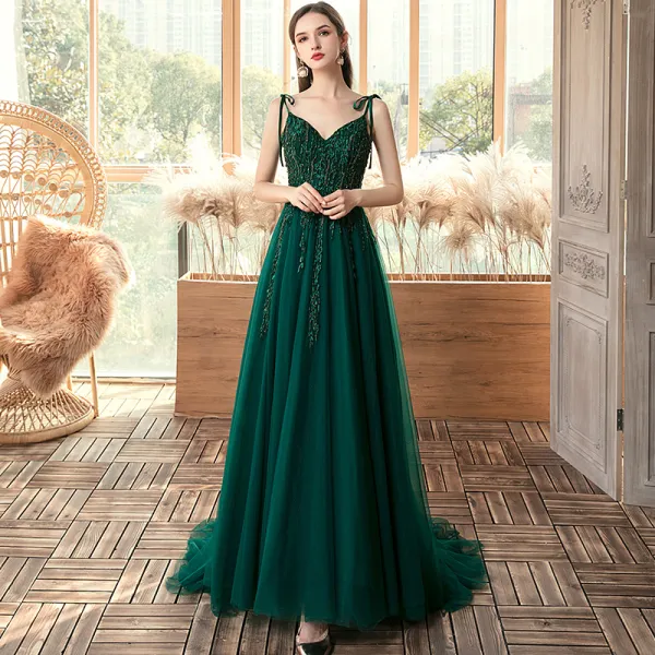 Affordable Dark Green Evening Dresses  2020 A-Line / Princess Spaghetti Straps Sleeveless Appliques Lace Beading Sweep Train Backless Formal Dresses
