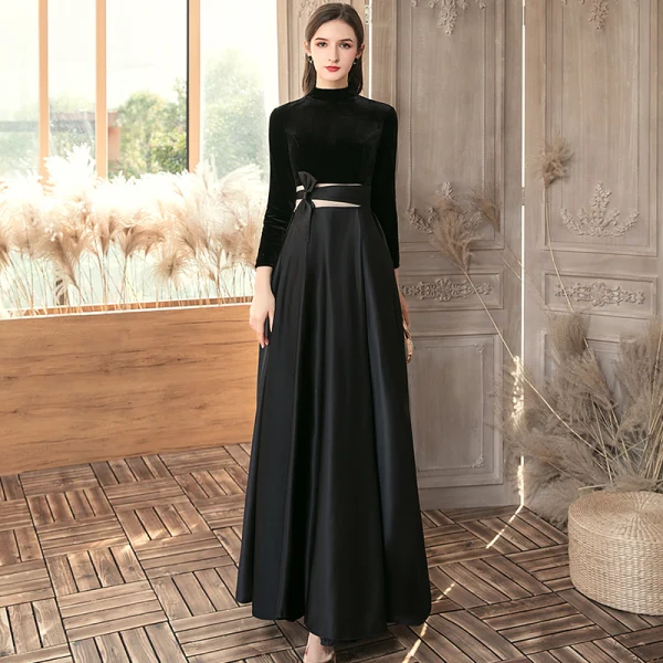 Affordable Black Satin Suede Evening Dresses 2020 A-Line / Princess High  Neck 3/4 Sleeve Floor-Length / Long Ruffle Backless Formal Dresses