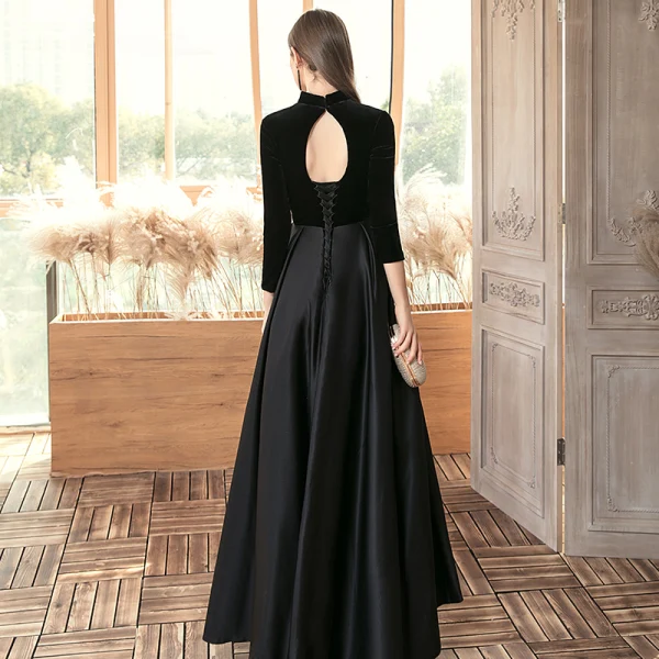 Affordable Black Satin Suede Evening Dresses 2020 A-Line Princess High Neck 3/4 Sleeve