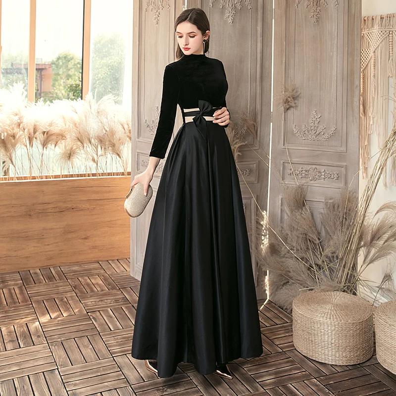 Affordable Black Satin Suede Evening Dresses 2020 A-Line Princess High Neck 3/4 Sleeve