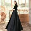 Affordable Black Satin Suede Evening Dresses  2020 A-Line / Princess High Neck 3/4 Sleeve Floor-Length / Long Ruffle Backless Formal Dresses