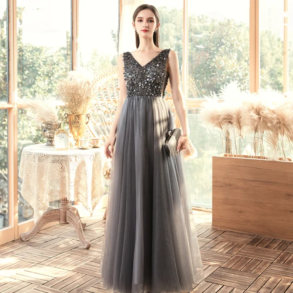 Affordable Grey Evening Dresses 2020 A-Line / Princess V-Neck Sleeveless Sequins Beading Floor-Length / Long Ruffle Backless Formal Dresses
