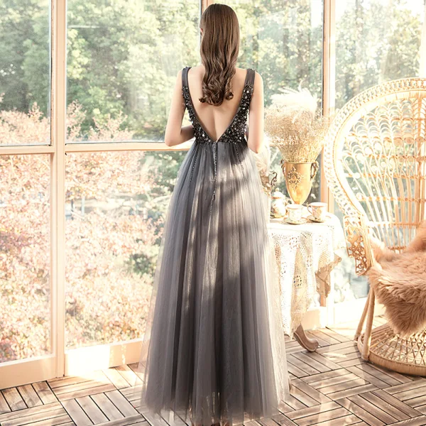 Affordable Grey Evening Dresses 2020 A-Line / Princess V-Neck Sleeveless Sequins Beading Floor-Length / Long Ruffle Backless Formal Dresses