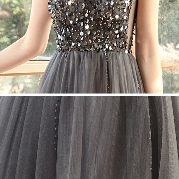 Abordable Gris Robe De Soirée 2020 Princesse V-Cou Sans Manches Paillettes Perlage Longue Volants Dos Nu Robe De Ceremonie