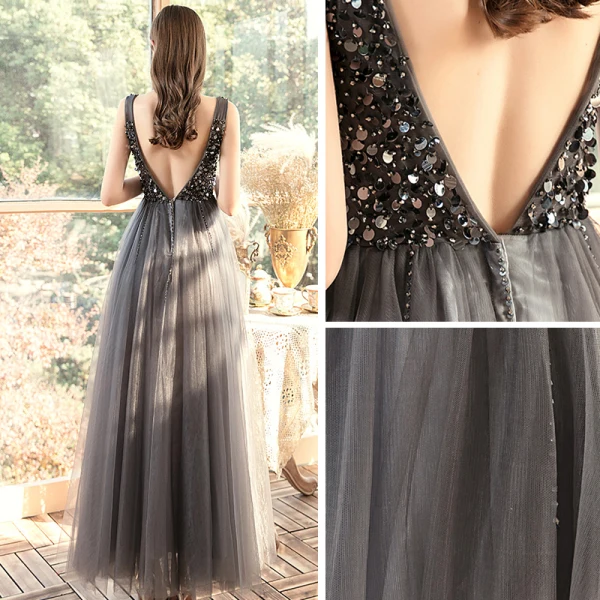 Abordable Gris Robe De Soirée 2020 Princesse V-Cou Sans Manches Paillettes Perlage Longue Volants Dos Nu Robe De Ceremonie
