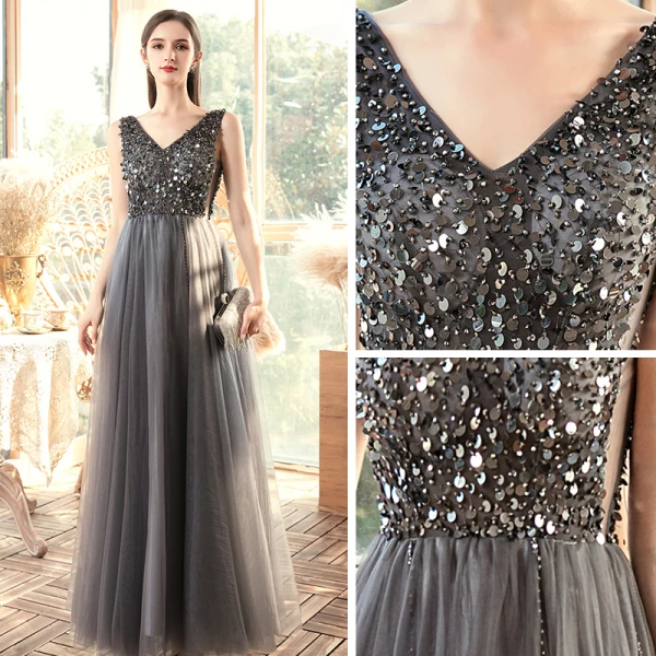 Abordable Gris Robe De Soirée 2020 Princesse V-Cou Sans Manches Paillettes Perlage Longue Volants Dos Nu Robe De Ceremonie