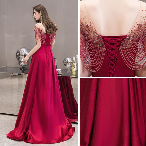 Haut de Gamme Satin Bordeaux Robe De Soirée 2020 Princesse Transparentes Encolure Carrée Manches Courtes Ceinture Perlage Faux Diamant Train De Balayage Volants Robe De Ceremonie
