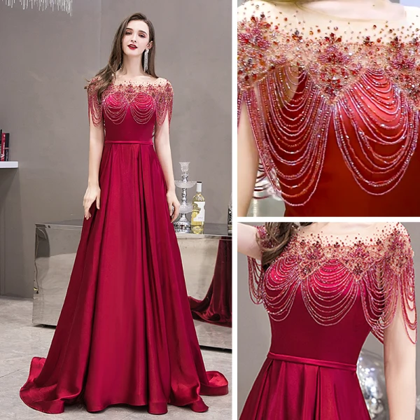 Haut de Gamme Satin Bordeaux Robe De Soirée 2020 Princesse Transparentes Encolure Carrée Manches Courtes Ceinture Perlage Faux Diamant Train De Balayage Volants Robe De Ceremonie