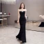 Mode Noire Transparentes Robe De Soirée 2020 Trompette / Sirène Encolure Dégagée Manches Courtes Perlage Train De Balayage Dos Nu Robe De Ceremonie
