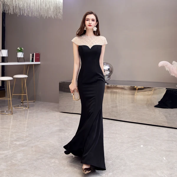 Fashion Black See-through Evening Dresses 2020 Trumpet / Mermaid Scoop Neck  Short Sleeve Beading Sweep Train Backless Formal Dresses