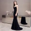 Mode Noire Transparentes Robe De Soirée 2020 Trompette / Sirène Encolure Dégagée Manches Courtes Perlage Train De Balayage Dos Nu Robe De Ceremonie
