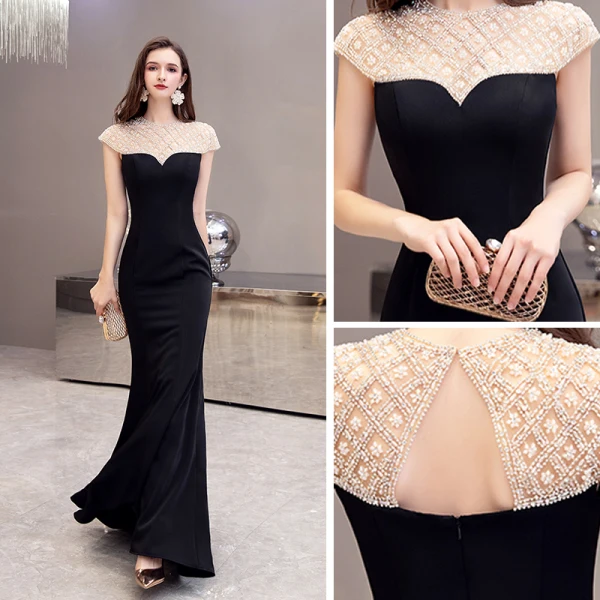 Mode Noire Transparentes Robe De Soirée 2020 Trompette / Sirène Encolure Dégagée Manches Courtes Perlage Train De Balayage Dos Nu Robe De Ceremonie