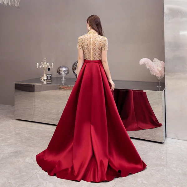 Chic / Beautiful See-through Burgundy Satin Prom Dresses 2020 A-Line / Princess High Neck Short Sleeve Beading Sweep Train Ruffle Backless Formal