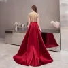 Chic / Beautiful See-through Burgundy Satin Prom Dresses 2020 A-Line / Princess High Neck Short Sleeve Beading Sweep Train Ruffle Backless Formal Dresses