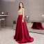 Chic / Beautiful See-through Burgundy Satin Prom Dresses 2020 A-Line / Princess High Neck Short Sleeve Beading Sweep Train Ruffle Backless Formal Dresses
