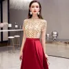 Chic / Beautiful See-through Burgundy Satin Prom Dresses 2020 A-Line / Princess High Neck Short Sleeve Beading Sweep Train Ruffle Backless Formal Dresses