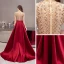 Chic / Beautiful See-through Burgundy Satin Prom Dresses 2020 A-Line / Princess High Neck Short Sleeve Beading Sweep Train Ruffle Backless Formal Dresses