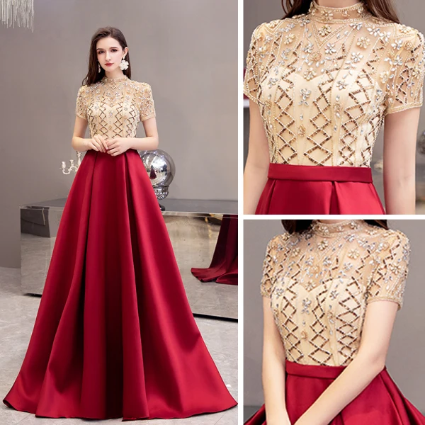 Chic / Beautiful See-through Burgundy Satin Prom Dresses 2020 A-Line / Princess High Neck Short Sleeve Beading Sweep Train Ruffle Backless Formal Dresses
