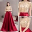 Chic / Beautiful See-through Burgundy Satin Prom Dresses 2020 A-Line / Princess High Neck Short Sleeve Beading Sweep Train Ruffle Backless Formal Dresses