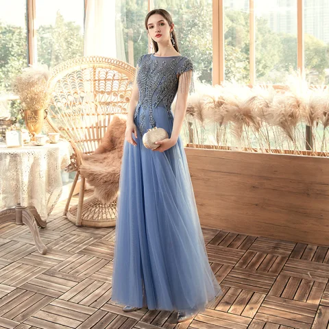 Hermoso Océano Azul Transparentes Vestidos de noche 2020 A-Line / Princess Scoop Escote Manga Corta Rebordear Tassel Largos Ruffle Sin Espalda Vestidos Formales