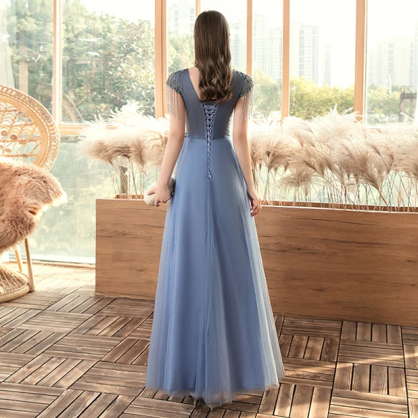 Chic / Belle Océan Bleu Transparentes Robe De Soirée 2020 Princesse Encolure Dégagée Manches Courtes Perlage Gland Longue Volants Dos Nu Robe De Ceremonie