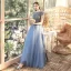 Chic / Belle Océan Bleu Transparentes Robe De Soirée 2020 Princesse Encolure Dégagée Manches Courtes Perlage Gland Longue Volants Dos Nu Robe De Ceremonie