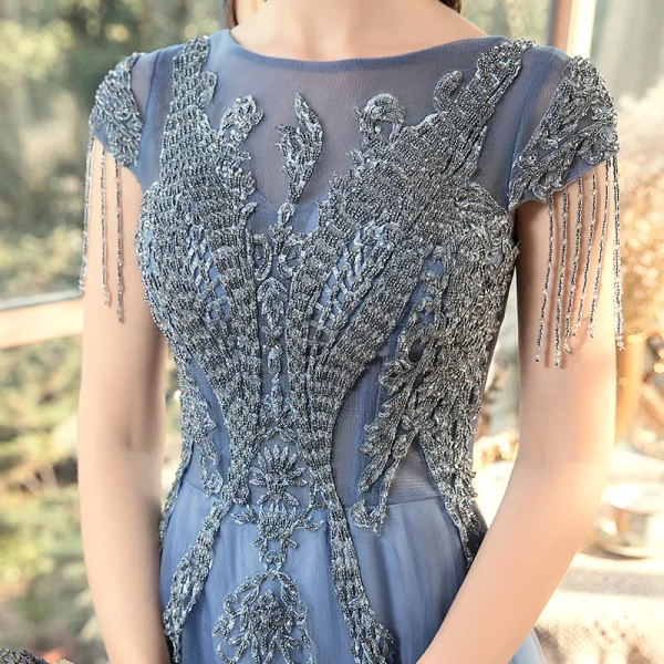 Chic / Belle Océan Bleu Transparentes Robe De Soirée 2020 Princesse Encolure Dégagée Manches Courtes Perlage Gland Longue Volants Dos Nu Robe De Ceremonie