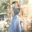 Chic / Belle Océan Bleu Transparentes Robe De Soirée 2020 Princesse Encolure Dégagée Manches Courtes Perlage Gland Longue Volants Dos Nu Robe De Ceremonie