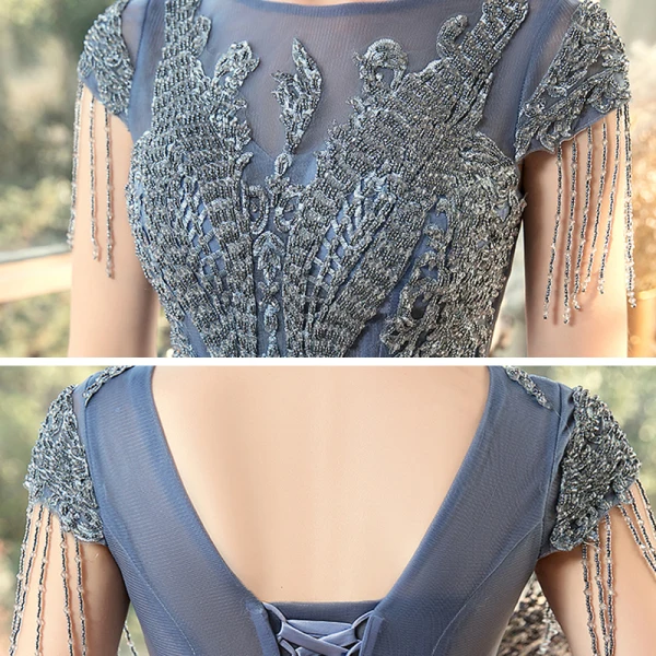 Chic / Belle Océan Bleu Transparentes Robe De Soirée 2020 Princesse Encolure Dégagée Manches Courtes Perlage Gland Longue Volants Dos Nu Robe De Ceremonie