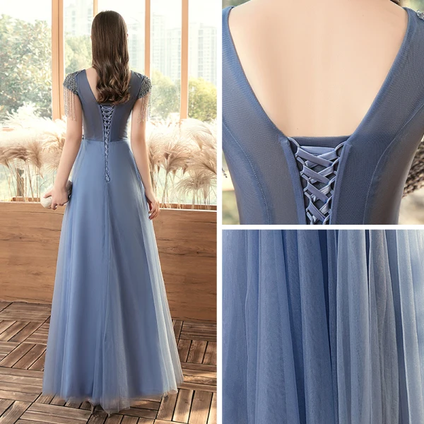 Chic / Belle Océan Bleu Transparentes Robe De Soirée 2020 Princesse Encolure Dégagée Manches Courtes Perlage Gland Longue Volants Dos Nu Robe De Ceremonie