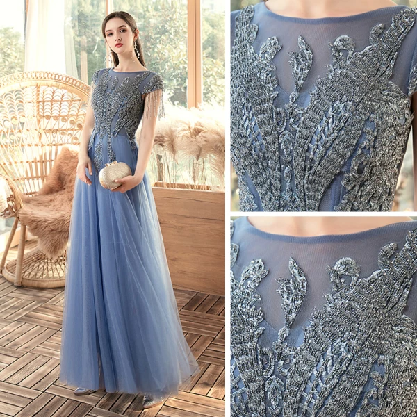 Chic / Belle Océan Bleu Transparentes Robe De Soirée 2020 Princesse Encolure Dégagée Manches Courtes Perlage Gland Longue Volants Dos Nu Robe De Ceremonie