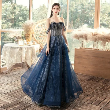 Chic Belle Bleu Marine Robe De Soirée 2020 Princesse De L Épaule Manches Courtes Paillettes Longue Volants Dos Nu Robe De Ceremonie