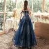 Chic / Beautiful Navy Blue Evening Dresses  2020 A-Line / Princess Off-The-Shoulder Short Sleeve Sequins Floor-Length / Long Ruffle Backless Formal Dresses