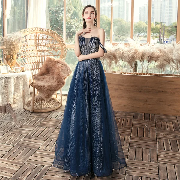 Chic / Belle Bleu Marine Robe De Soirée 2020 Princesse De l'épaule Manches Courtes Paillettes Longue Volants Dos Nu Robe De Ceremonie