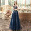 Chic / Beautiful Navy Blue Evening Dresses  2020 A-Line / Princess Off-The-Shoulder Short Sleeve Sequins Floor-Length / Long Ruffle Backless Formal Dresses