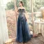 Chic / Belle Bleu Marine Robe De Soirée 2020 Princesse De l'épaule Manches Courtes Paillettes Longue Volants Dos Nu Robe De Ceremonie