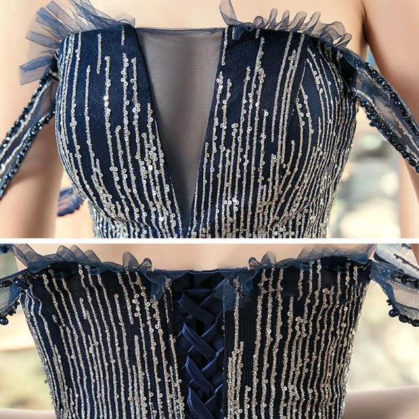 Chic / Belle Bleu Marine Robe De Soirée 2020 Princesse De l'épaule Manches Courtes Paillettes Longue Volants Dos Nu Robe De Ceremonie