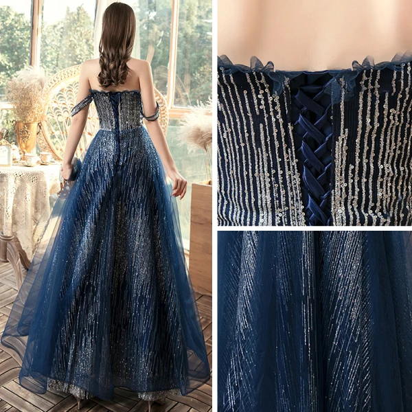 Chic / Belle Bleu Marine Robe De Soirée 2020 Princesse De l'épaule Manches Courtes Paillettes Longue Volants Dos Nu Robe De Ceremonie